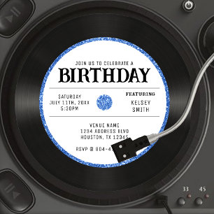 Födelsedagsfesten Retro Blue Glitter Vinyl Record Inbjudningar