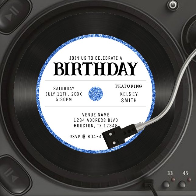 Födelsedagsfesten Retro Blue Glitter Vinyl Record Inbjudningar (Retro Blue Glitter Vinyl Record Birthday Party Invitation
)