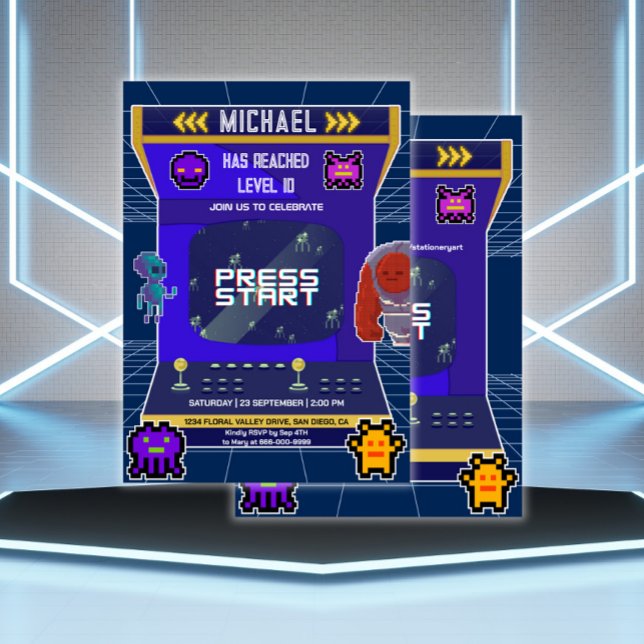 Födelsedagsfesten Retro Pixels Video Game Arcade Inbjudningar (Arcade Video Game Birthday Party Invitation)