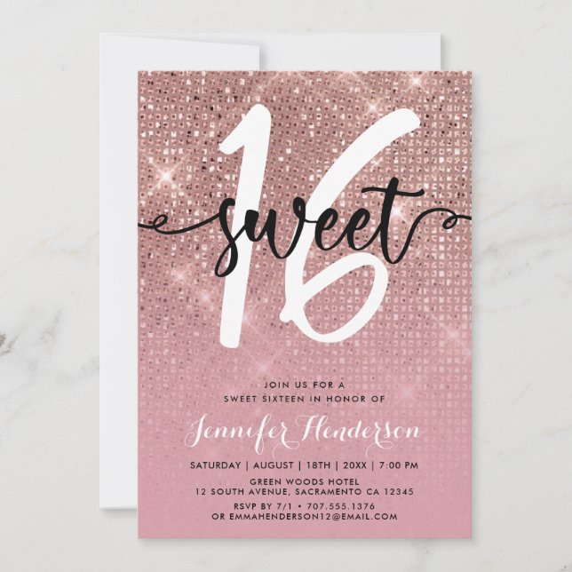 Födelsedagsfesten Ro Guld Shimmer Sweet sixteen Inbjudningar (Framsida)