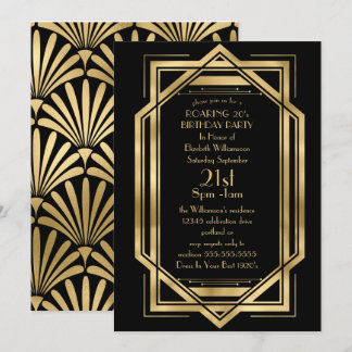 Födelsedagsfesten Roaring Black and Guld Art Deco Inbjudningar