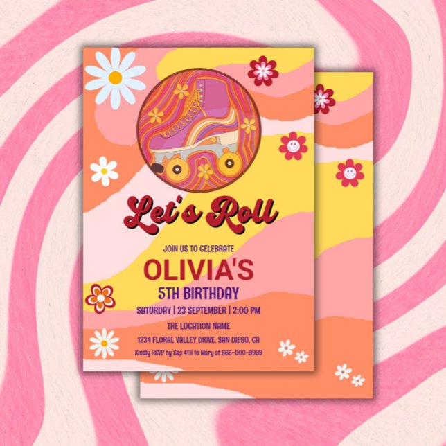 Födelsedagsfesten Roller Skate Groovy Retro Girl Inbjudningar (Lets roll groovy retro girl birthday party invitation)