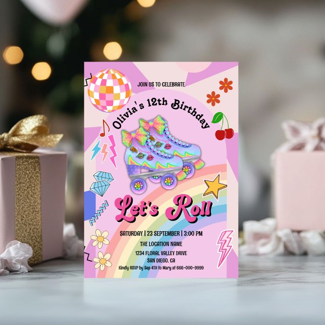 Födelsedagsfesten Roller Skate Groovy Retro Girl Inbjudningar (Roller Skate Groovy Retro Girl Birthday Party Invitation)