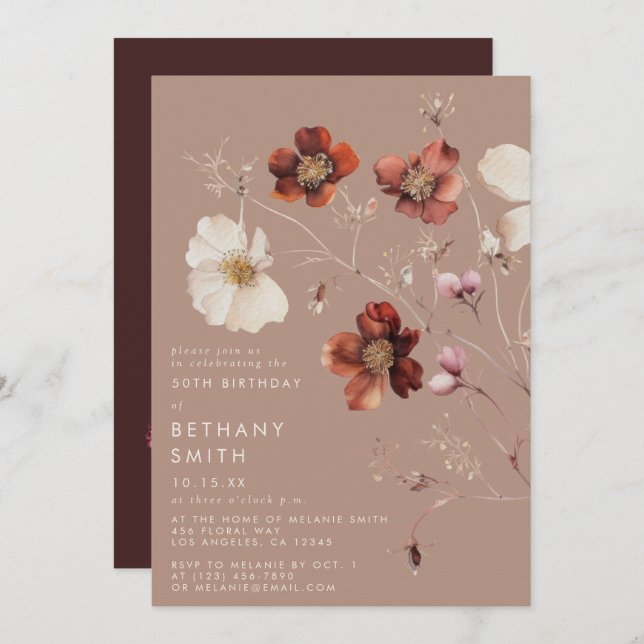 Födelsedagsfesten Romantic Fall Taupe Wildblomma Inbjudningar (Fram/baksida)