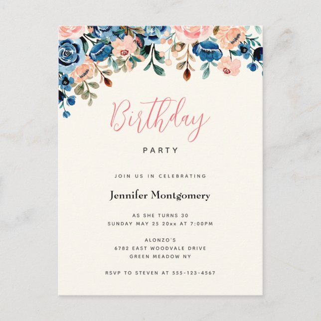 Födelsedagsfesten rosa och blå vattenfärgsblommor inbjudan vykort (Framsida)