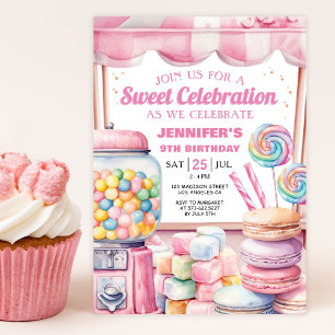 Födelsedagsfesten Rosa Sweets Girl Candy Land Retr Inbjudningar