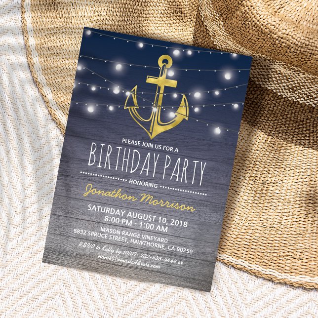 Födelsedagsfesten Rustic Nautical Blue Guld Manar Inbjudningar (Skapare uppladdad)