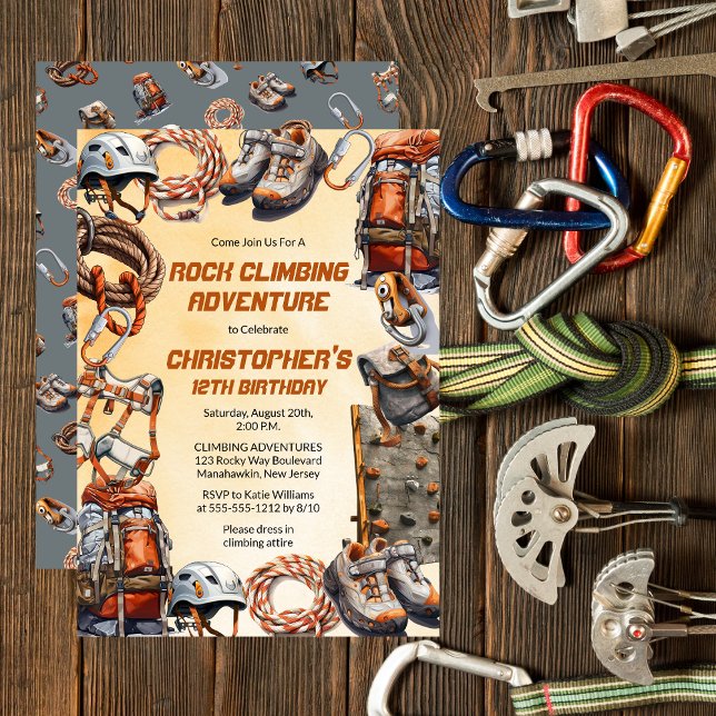 Födelsedagsfesten Rustic Sten vid Äventyr Inbjudningar (Rustic Rock Climbing Adventure Birthday Party Invitation for Preteens to Adults)