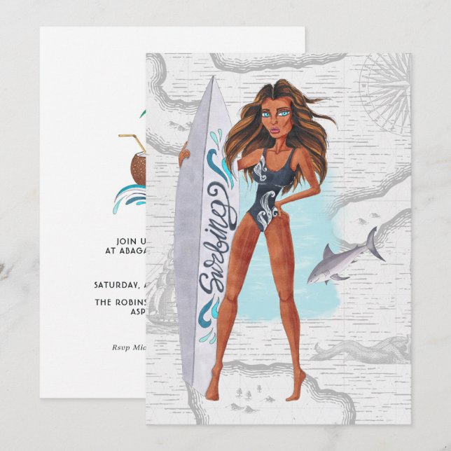 Födelsedagsfesten Rustic Summer Surfer Beach Vacat Inbjudningar (Fram/baksida)