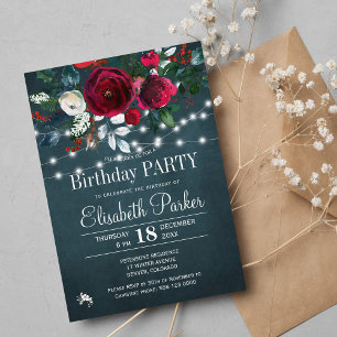 Födelsedagsfesten Rustik vinterrödpeonier elegant  Inbjudningar