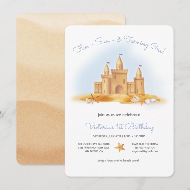 Födelsedagsfesten Sand Castle Beach Inbjudningar (Fram/baksida)