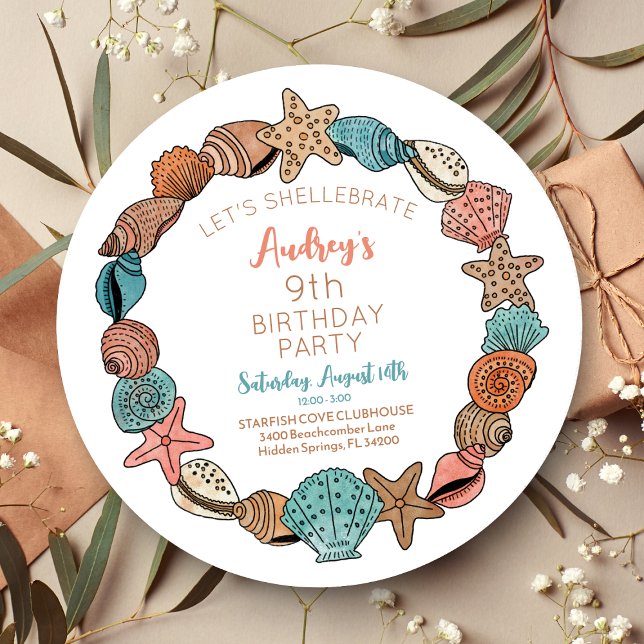 Födelsedagsfesten Seashells Beach Inbjudningar (Seashell Illustration Beach Theme Birthday Party Invitation - Shellebration)