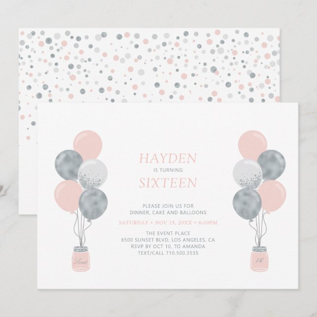 Födelsedagsfesten silver & Rosa Blegon Sweet sixte Inbjudningar (Fram/baksida)