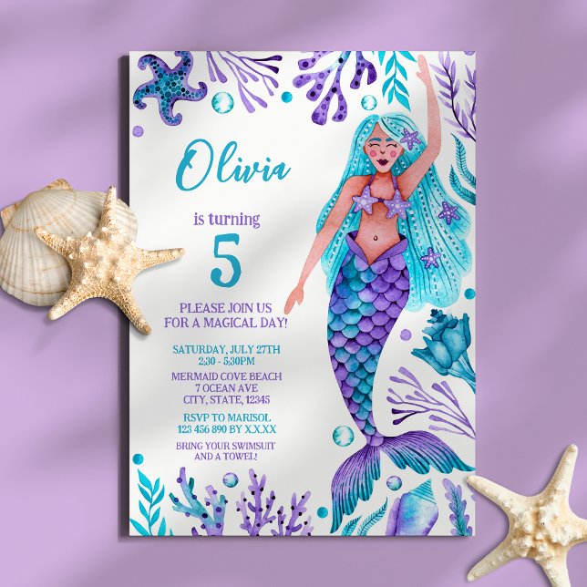Födelsedagsfesten sjöjungfru Girl Watercolor Beach Inbjudningar (Mermaid Girl Watercolor Beach Birthday Party Invitation)