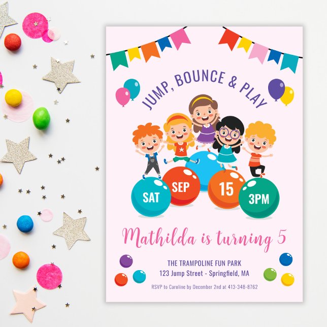 Födelsedagsfesten Spela upp inomhusspelning med ju Inbjudningar (Jump Bounce Play Indoor Playground Birthday Party Invitation)