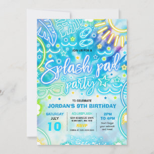 Födelsedagsfesten stänk Pad Waterpark Tie Dye Glow Inbjudningar