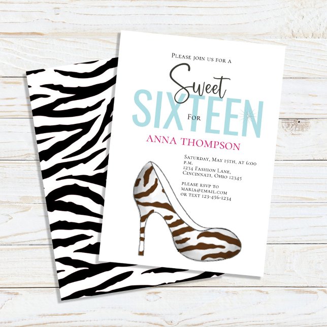 Födelsedagsfesten sweet sixteen Chic Shoes Inbjudningar (Sweet 16 custom invitations with animal print high-heeled shoes. )