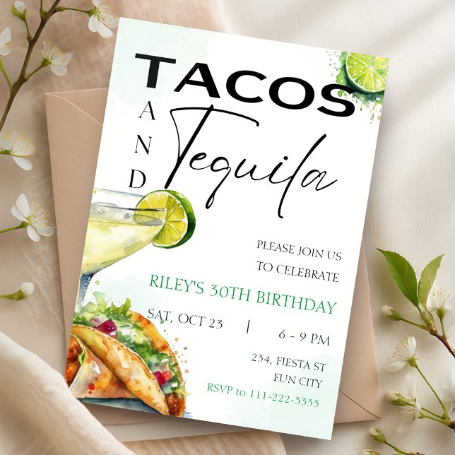 Födelsedagsfesten Tacos & Tequila Margarita Vuxen Inbjudningar (Tacos Tequila Margarita Adult Birthday Party Invitation)