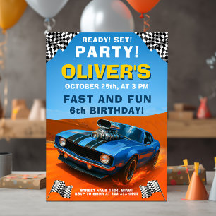 Födelsedagsfesten tävling med blå Hot rod Inbjudningar