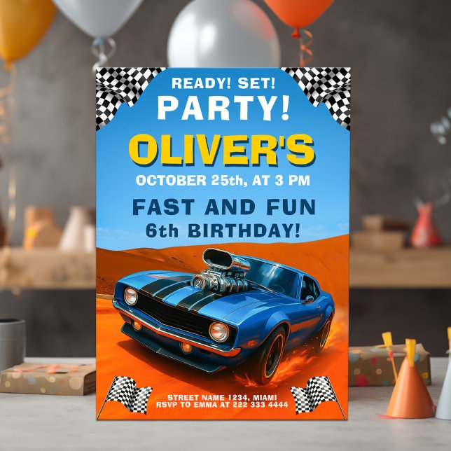 Födelsedagsfesten tävling med blå Hot rod Inbjudningar (Skapare uppladdad)