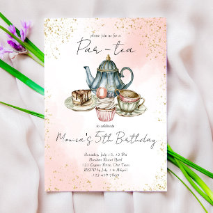 Födelsedagsfesten Tea party rosa blue water color Inbjudningar