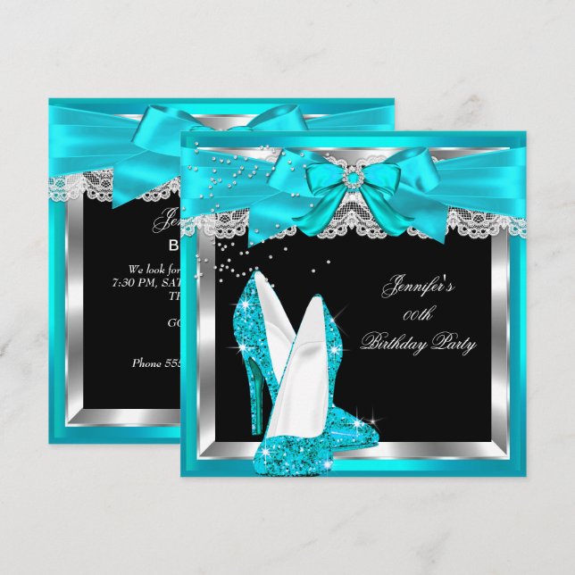 Födelsedagsfesten Teal Blue Glitter High Heel Silv Inbjudningar (Fram/baksida)