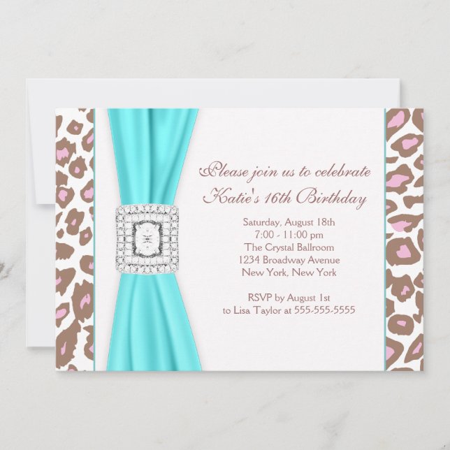 Födelsedagsfesten Teal Blue Leopard Sweet sixteen Inbjudningar (Framsida)