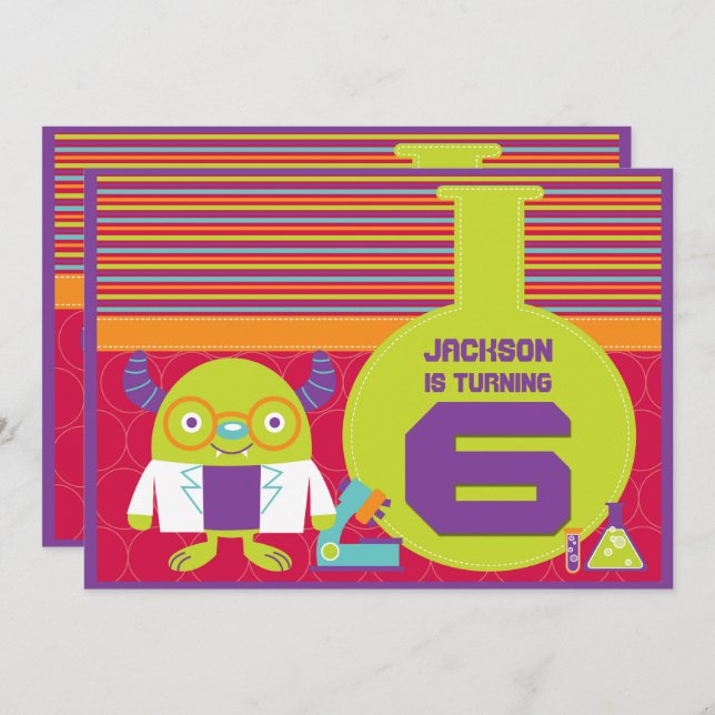 Födelsedagsfesten Tecknad Mad Scientist 6e Inbjudningar (Fram/baksida)