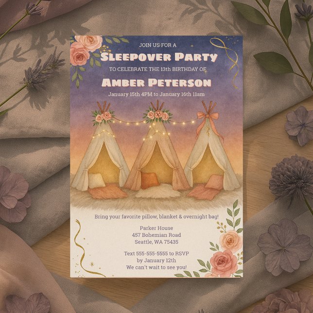 Födelsedagsfesten Teenage Girl Charming Sleepover Inbjudningar (Teenage Girl Charming Sleepover Birthday Party Invitation)