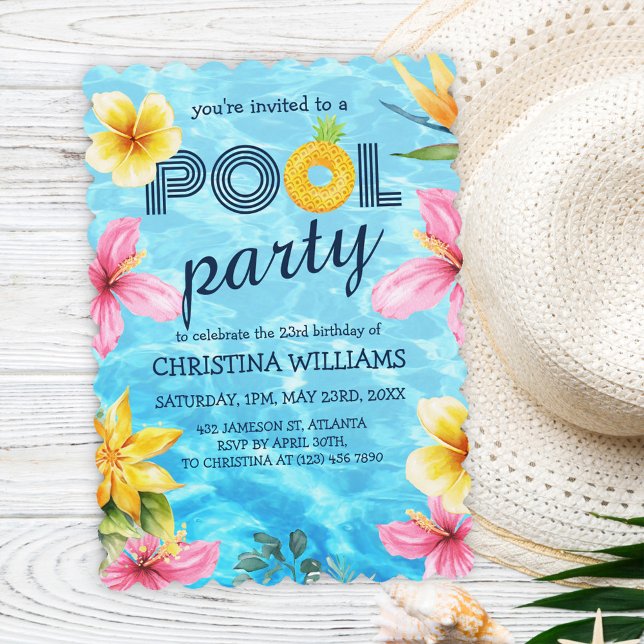 Födelsedagsfesten Tropical Summer Bassäng Inbjudningar (Tropical Summer Pool Birthday Party Invitation)