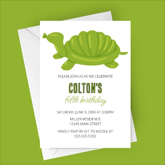 Födelsedagsfesten Turtle Balloon Animal Inbjudningar (Green Turtle Balloon Animal Birthday Party Invitation)