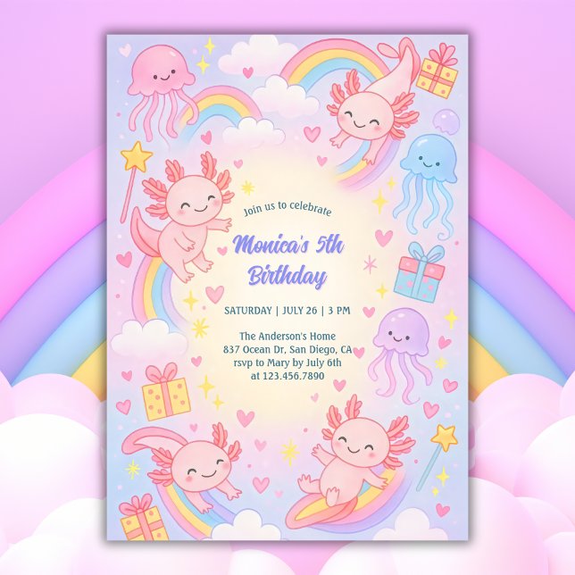 Födelsedagsfesten Underwater Äventyr Cute Axolotl Inbjudningar (Cute Axolotl Birthday Invitation Underwater Adventure Party Invite)