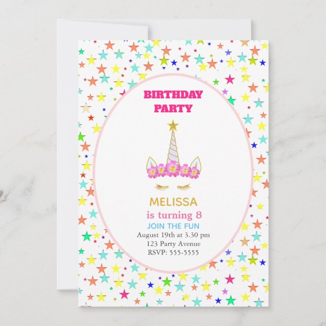 Födelsedagsfesten Unicorn & Multicolor Stars Inbjudningar (Framsida)