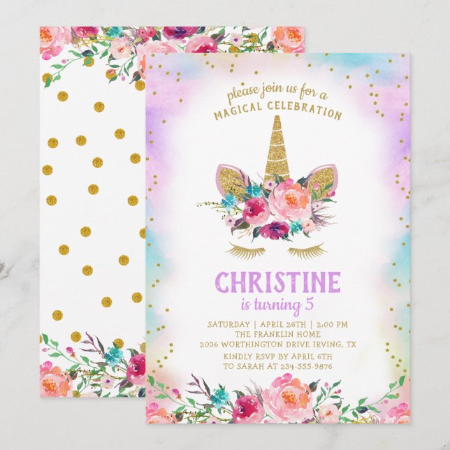 Födelsedagsfesten Unicorn Rosa Guld BeSnygg Blommi Inbjudningar (Fram/baksida)