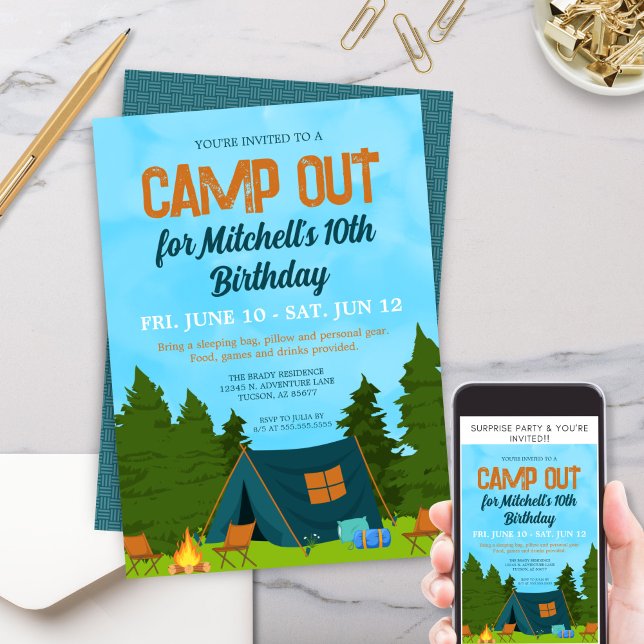 Födelsedagsfesten Ut med roligt Kids Tält Camp Inbjudningar (Personalized camp out birthday party invitation for kids camping theme sleepover adventure outdoors)