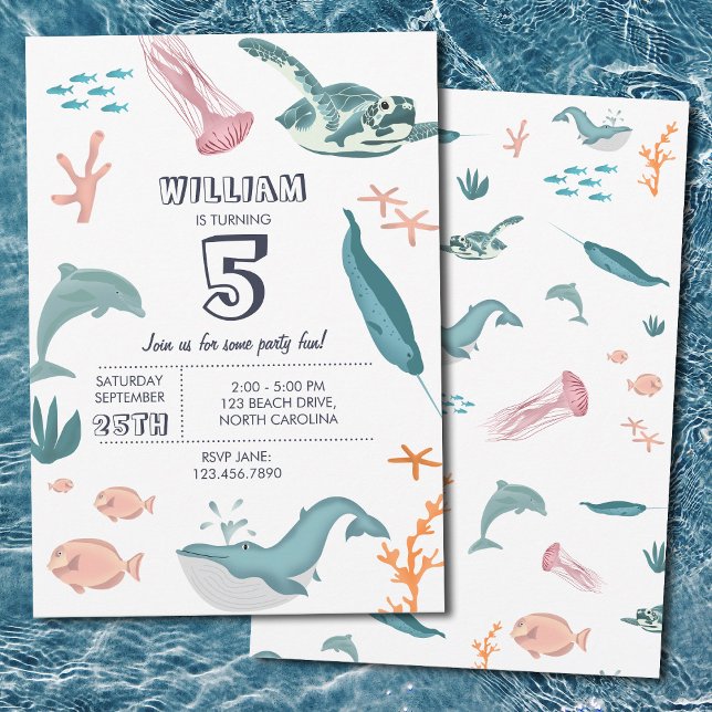 Födelsedagsfesten Vattenfärgade havsdjur Inbjudningar (Watercolor Ocean Sea Animals Birthday Party Invitation)