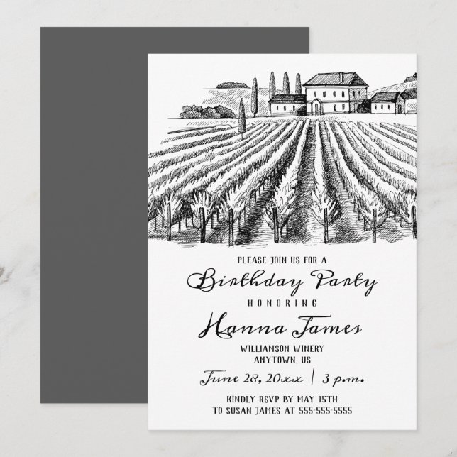 Födelsedagsfesten Vineyard Winery Rustic Sketch Inbjudningar (Fram/baksida)