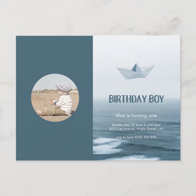 Födelsedagsfesten Watercolor Blue Boat Boy Inbjudan Vykort (Framsida)