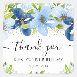 Födelsedagsfesten Watercolor Blue Summer Flowers Fyrkantigt Klistermärke