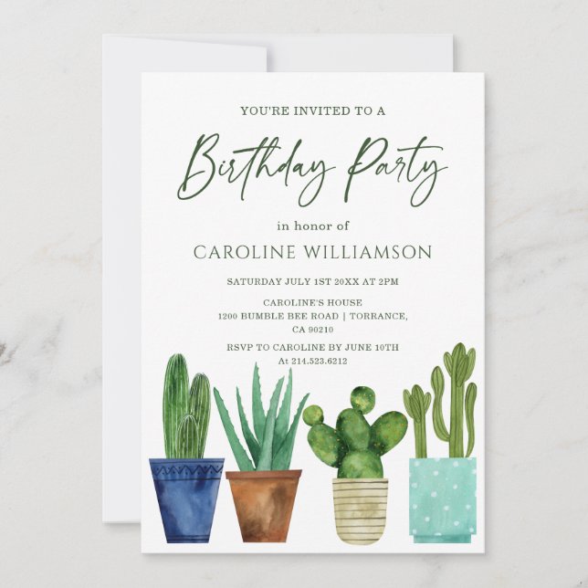 Födelsedagsfesten Watercolor Cactus House Plants Inbjudningar (Framsida)