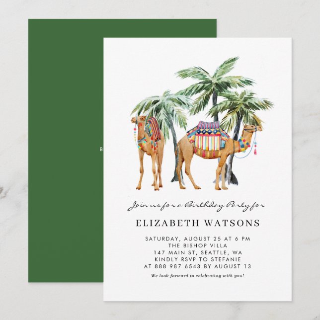 Födelsedagsfesten Watercolor Camels Handflatan Trä Inbjudningar (Fram/baksida)