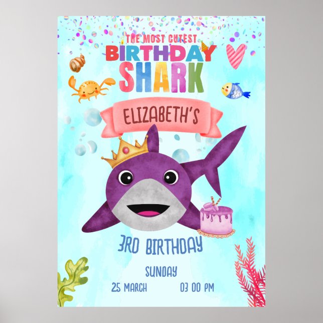 Födelsedagsfesten Watercolor Cutest Birthday Shark Poster (Framsidan)