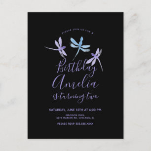 Födelsedagsfesten Watercolor Dragonfly Lila Black Vykort