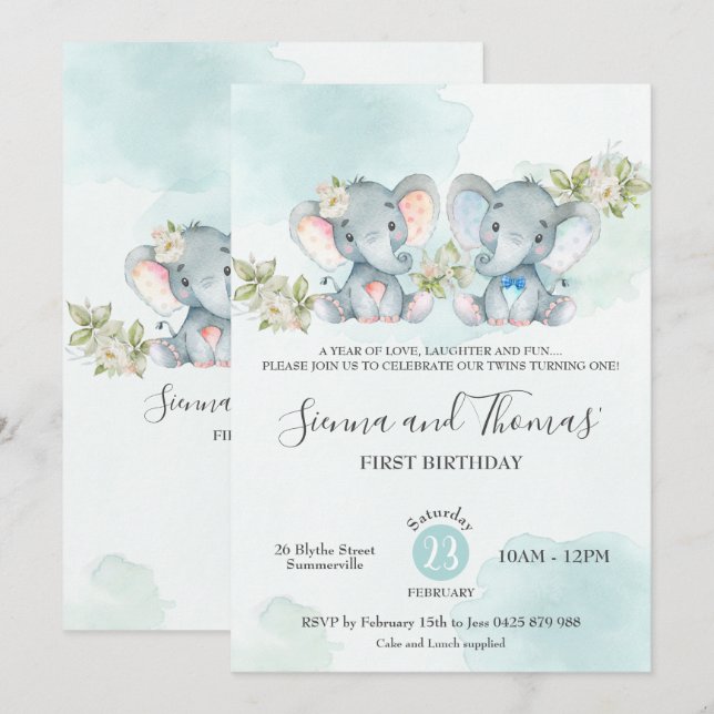 Födelsedagsfesten Watercolor Elephant Twillingars  Inbjudningar (Fram/baksida)