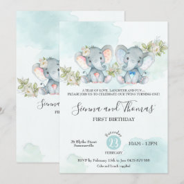 Födelsedagsfesten Watercolor Elephant Twillingars  Inbjudningar