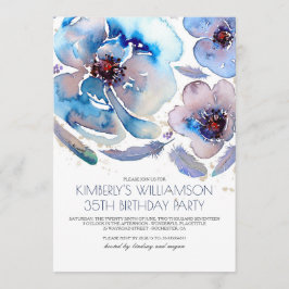 Födelsedagsfesten Watercolor Flowers Blue Boho Inbjudningar