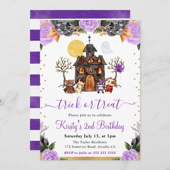 Födelsedagsfesten Watercolor Halloween Animals Inbjudningar (Fram/baksida)