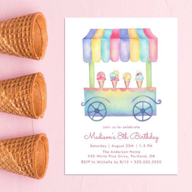 Födelsedagsfesten Watercolor Ice Cream Lastbil Inbjudningar (Skapare uppladdad)