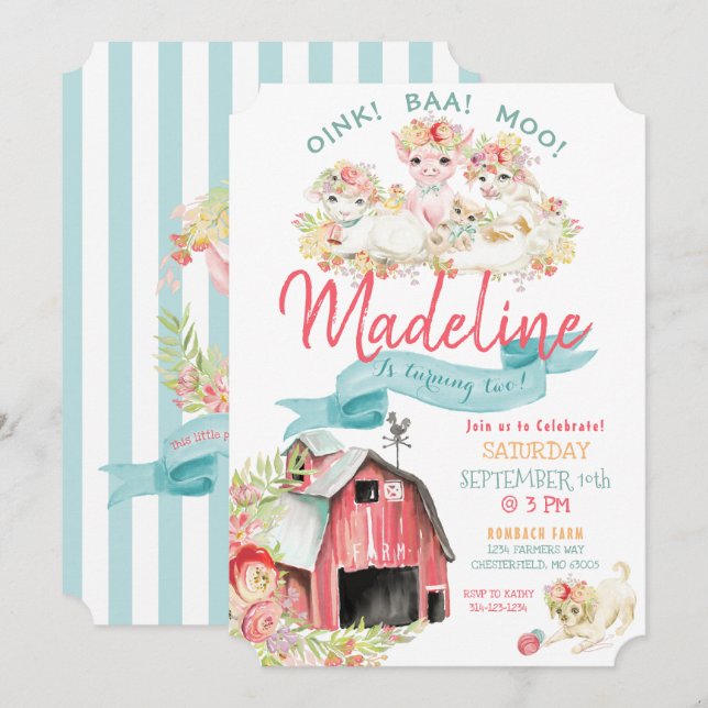 Födelsedagsfesten Watercolor Land Boskap Inbjudningar (Fram/baksida)