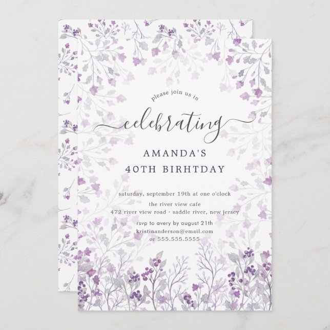 Födelsedagsfesten Watercolor Lila Wildblommor  Inbjudningar (Fram/baksida)